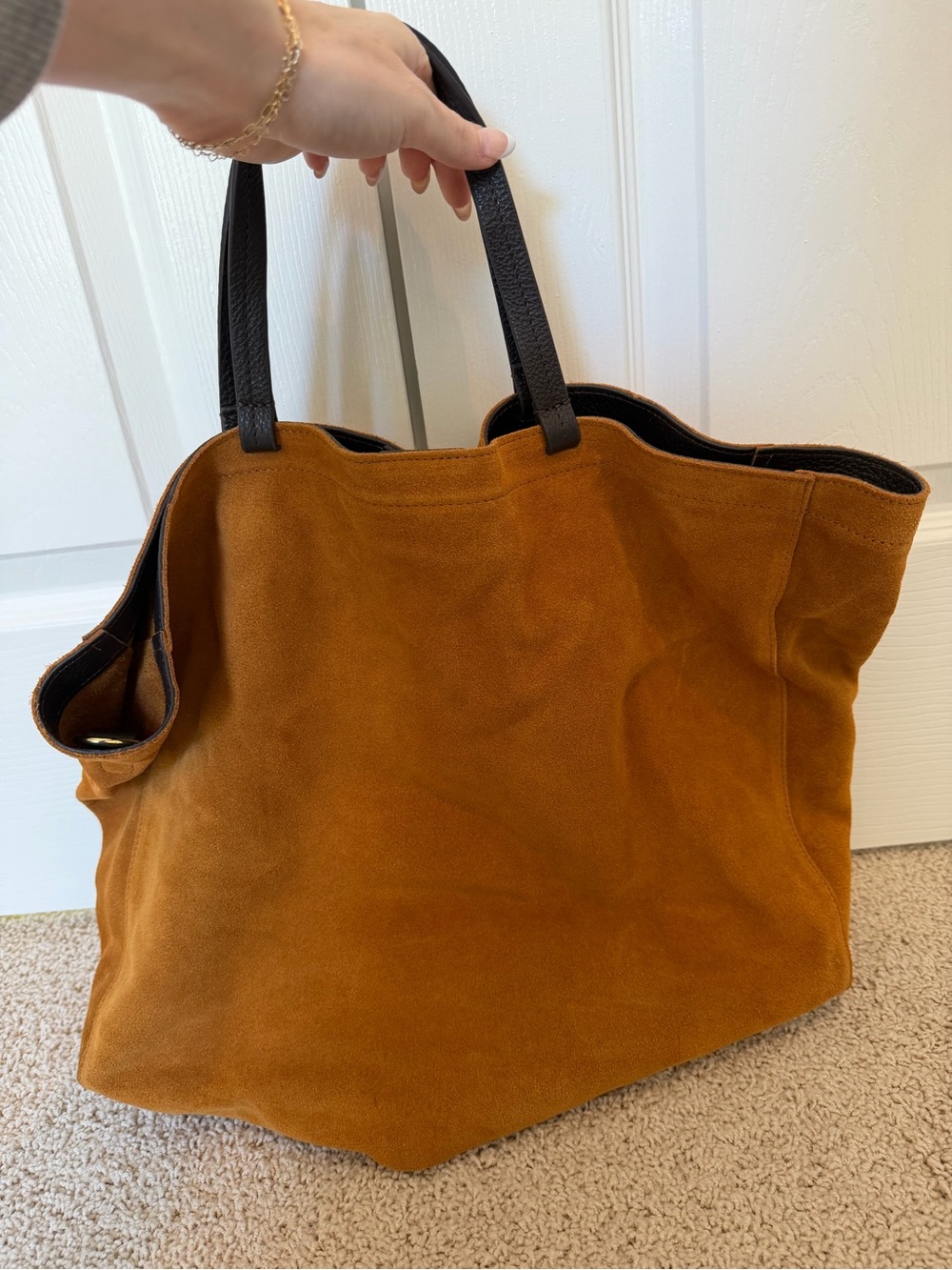 Mark & Graham Cognac Suede Tote Bag | Italian Suede & Black Leather Trim